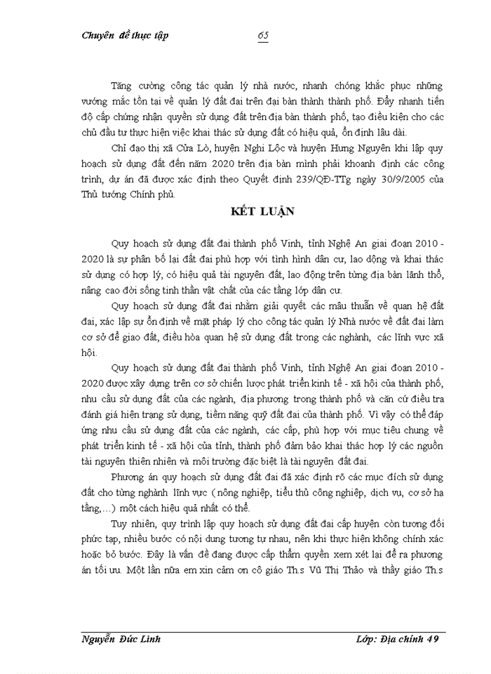 image for page Công tác lập quy hoạch sử dụng đất đai tại thành phố Vinh tỉnh Nghệ An giai đoạn 2010 - 2020