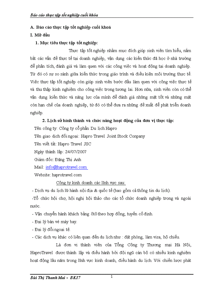 image for page Báo cáo thực tập tốt nghiệp cuối khóa Công ty Cổ phần du lịch Hapro