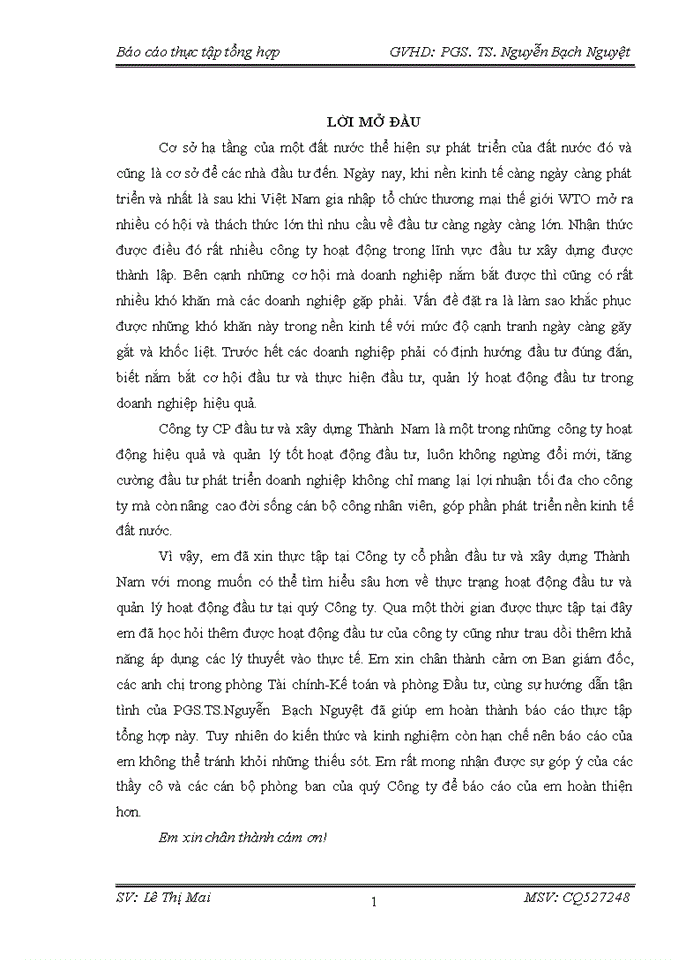 image for page Báo cáo tại Công ty cổ phần đầu tư và xây dựng Thành Nam