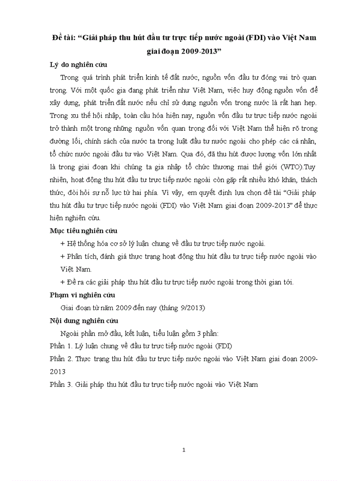Giải pháp thu hút đầu tư trực tiếp nước ngoài FDI vào Việt Nam giai đoạn 2009 - 2013