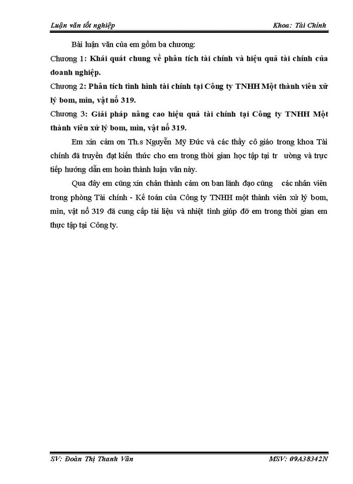 Phân tích tình hình tài chính nhằm đưa ra giải pháp nâng cao hiệu quả tài chính của Công ty Trách nhiệm hữu hạn Một thành viên xử lý bom mìn vật nổ 319