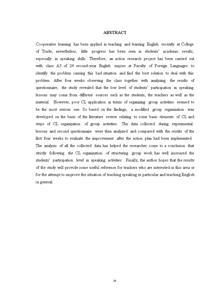 image for page APPLYING COOPERATIVE LEARNING IN ORGANIZING GROUPS TO INCREASE STUDENTS PARTICIPATION IN SPEAKING LESSONS FOR SECOND YEAR ENGLISH MAJORS AT COLLEGE OF TRADE Tiếng Anh