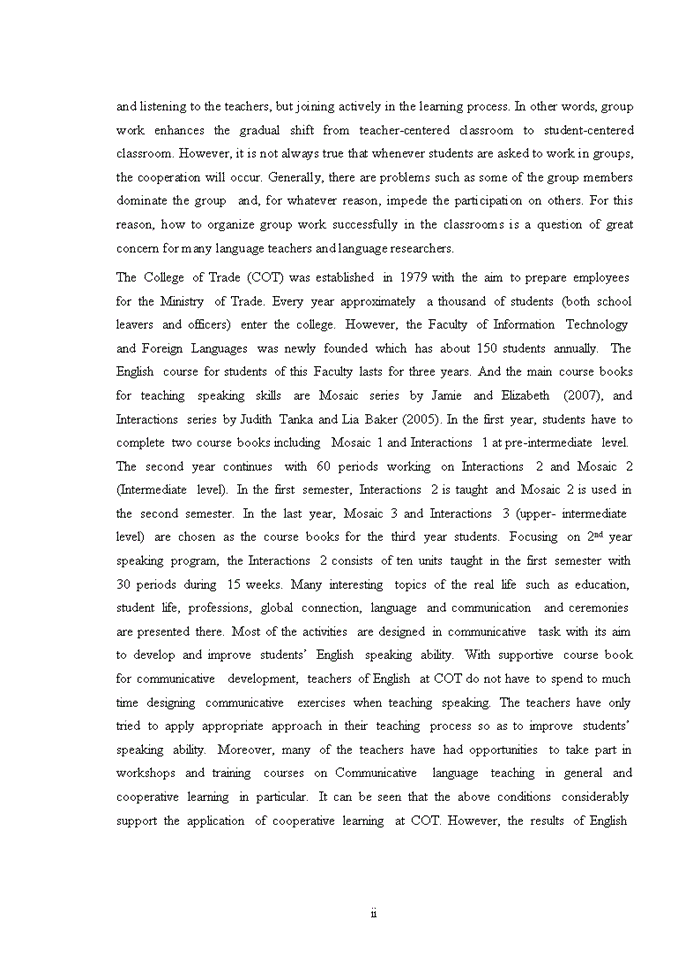 image for page APPLYING COOPERATIVE LEARNING IN ORGANIZING GROUPS TO INCREASE STUDENTS PARTICIPATION IN SPEAKING LESSONS FOR SECOND YEAR ENGLISH MAJORS AT COLLEGE OF TRADE Tiếng Anh