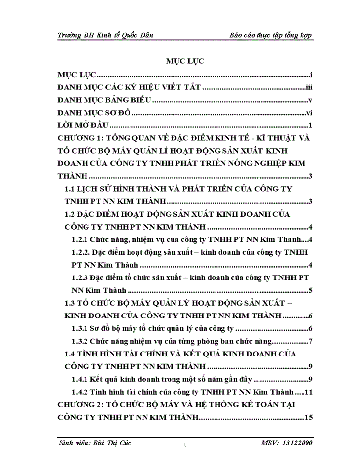 Báo cáo TỔ CHỨC BỘ MÁY VÀ HỆ THỐNG KẾ TOÁN TẠI CÔNG TY Trách nhiệm hữu hạn phát triển nông nghiệp KIM THÀNH