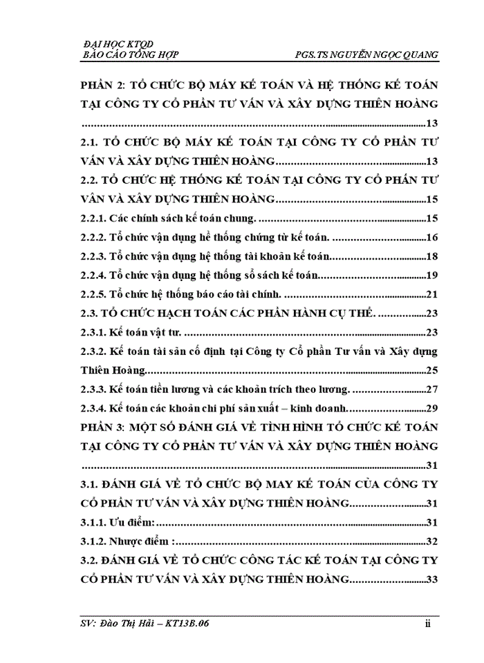 Báo cáo Tổ chức bộ máy kế toán và hệ thống kế toán Công ty Cổ phần Tư vấn và Xây dựng Thiên Hoàng