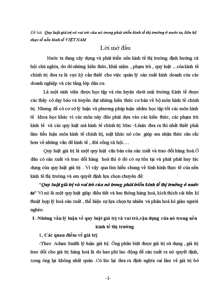 Triết mác Quy luật giá trị và vai trò của nó trong phát triển kinh tế thị trường ở nước ta liên hệ thực tế nền kinh tế VIỆT NAM