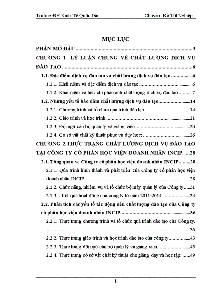 THỰC TRẠNG CHẤT LƯỢNG DỊCH VỤ ĐÀO TẠO TẠI CÔNG TY CỔ PHẦN HỌC VIỆN DOANH NHÂN INCIP