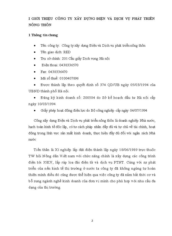 Báo cáo tại công ty xây dựng điện và dịch vụ phát triển nông thôn