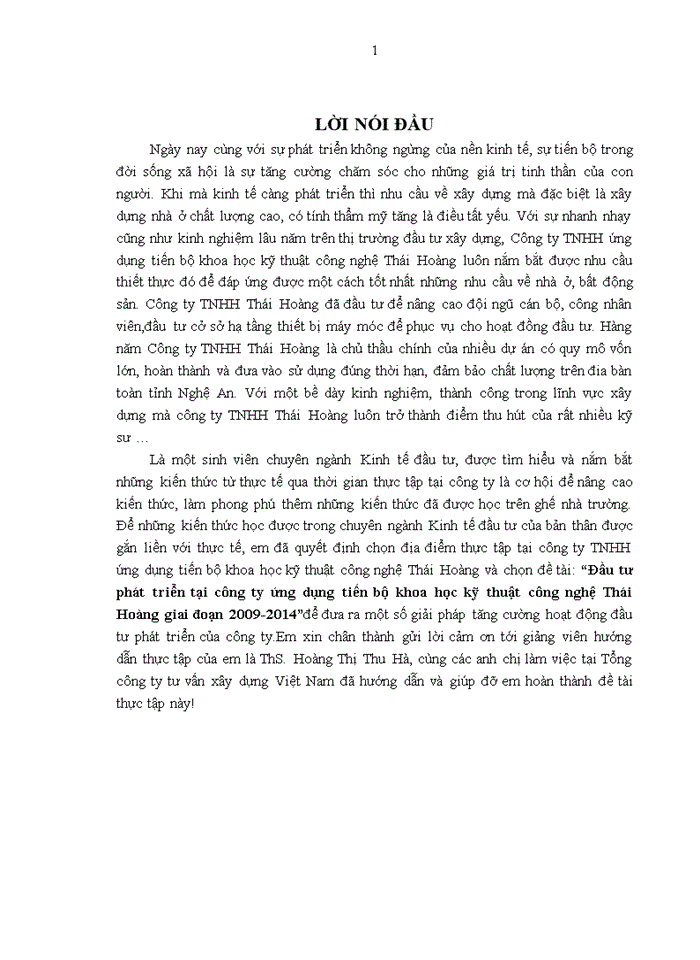 Đầu tư phát triển tại công ty Trách nhiệm hữu hạn ứng dụng tiến bộ khoa học kỹ thuật công nghệ Thái Hoàng