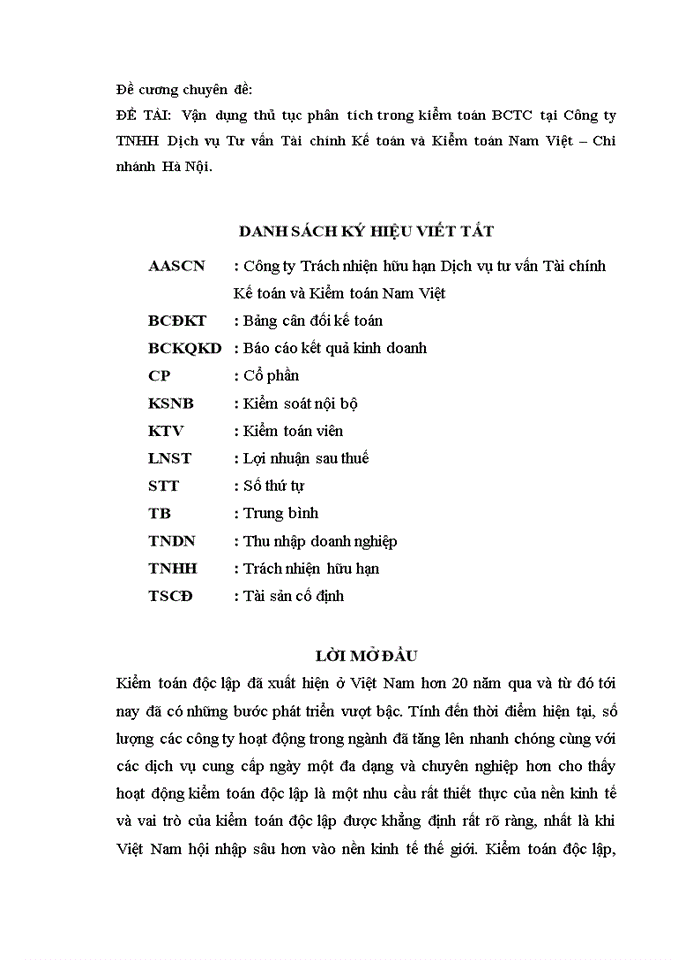 Vận dụng thủ tục phân tích trong kiểm toán Báo cáo tài chính tại Công ty Trách nhiệm hữu hạn Dịch vụ Tư vấn Tài chính Kế toán và Kiểm toán Nam Việt Chi nhánh Hà Nội