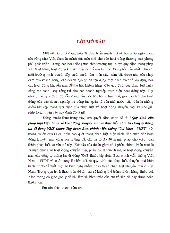 QUY ĐỊNH CỦA PHÁP LUẬT HIỆN HÀNH VỀ KHUYẾN MẠI VÀ THỰC TIỄN NHÌN TỪ CÔNG TY THÔNG TIN DI ĐỘNG VMS THUỘC TẬP ĐOÀN BƯU CHÍNH VIỄN THÔNG VIỆT NAM VNPT