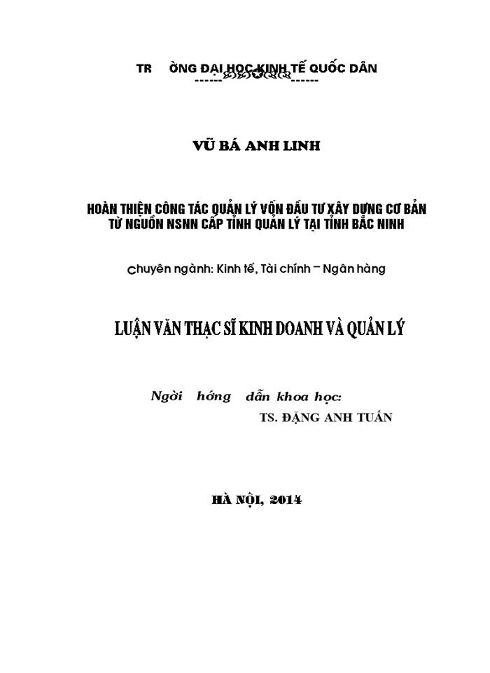 THS Hoàn thiện công tác quản lý vốn đầu tư xây dựng cơ bản nguồn NSnông nghiệp cấp tỉnh quản lý tại tỉnh Bắc Ninh