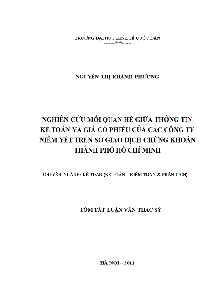 image for page THS Nghiên cứu mối quan hệ giữa thông tin kế toán và giá cổ phiếu của các công ty niêm yết trên Sở giao dịch Chứng khoán Thành phố Hồ Chí Minh