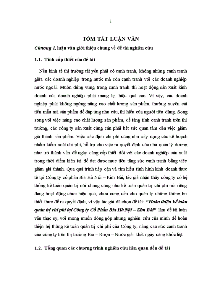 image for page THS Hoàn thiện kế toán quản trị chi phí tại Công ty Cổ Phần Bia Hà Nội Kim Bài