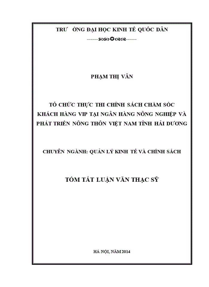 image for page THS Tổ chức thực thi chính sách chăm sóc khách hàng VIP tại Ngân hàng Nông nghiệp và Phát triển nông thôn Việt Nam tỉnh Hải Dương