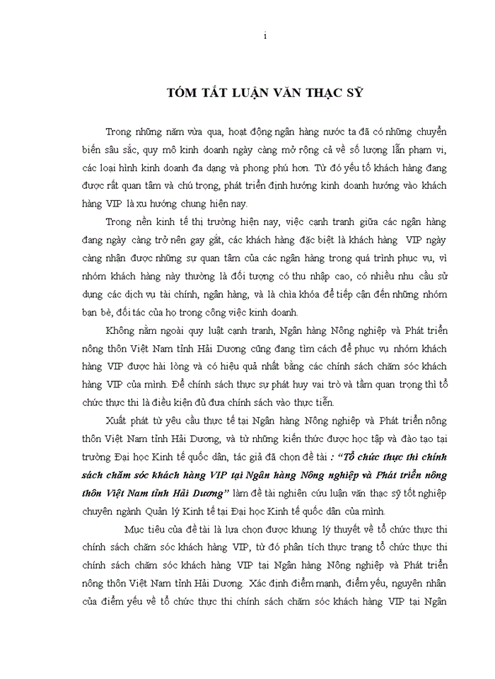 image for page THS Tổ chức thực thi chính sách chăm sóc khách hàng VIP tại Ngân hàng Nông nghiệp và Phát triển nông thôn Việt Nam tỉnh Hải Dương