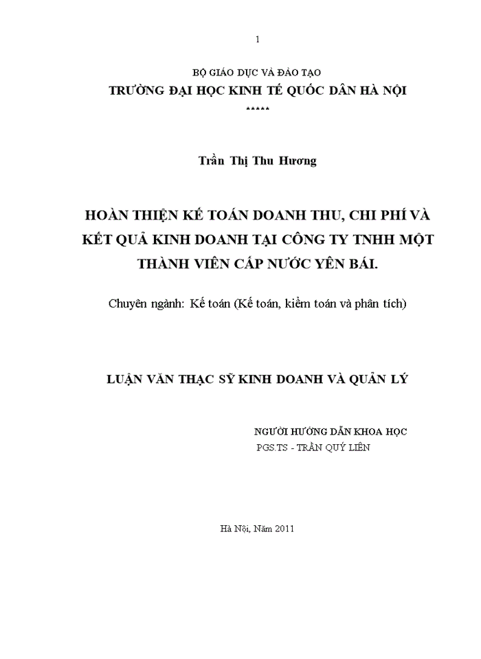 ThS Hoàn thiện kế toán doanh thu chi phí và kết quả kinh doanh tại Công ty Trách nhiệm hữu hạn một thành viên Cấp nước Yên Bái