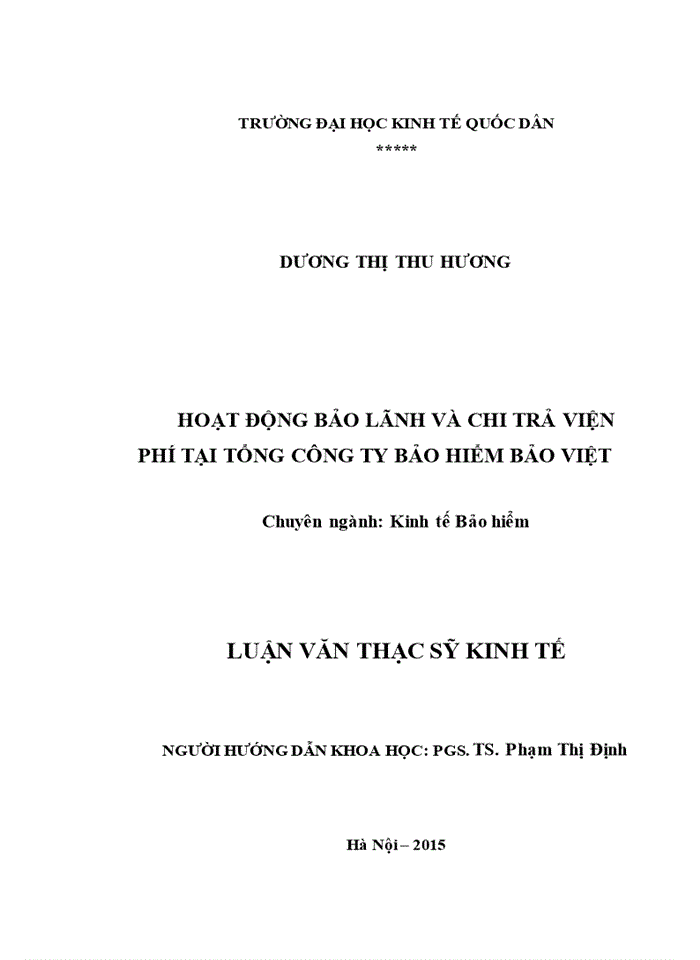 ThS Hoạt động Bảo lãnh và chi trả viện phí tại Tổng công ty Bảo hiểm Bảo Việt