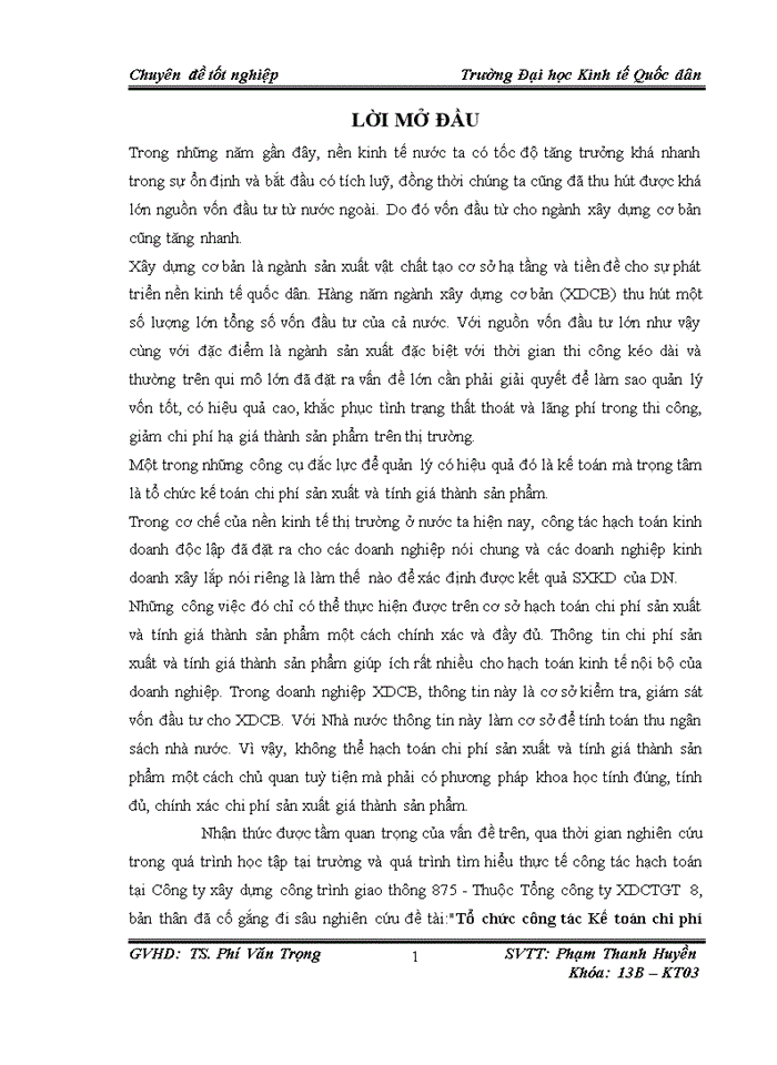Tổ chức công tác Kế toán chi phí sản xuất và tính giá thành sản phẩm trong Công Ty THHH Một Thành Viên XDCTGT 875