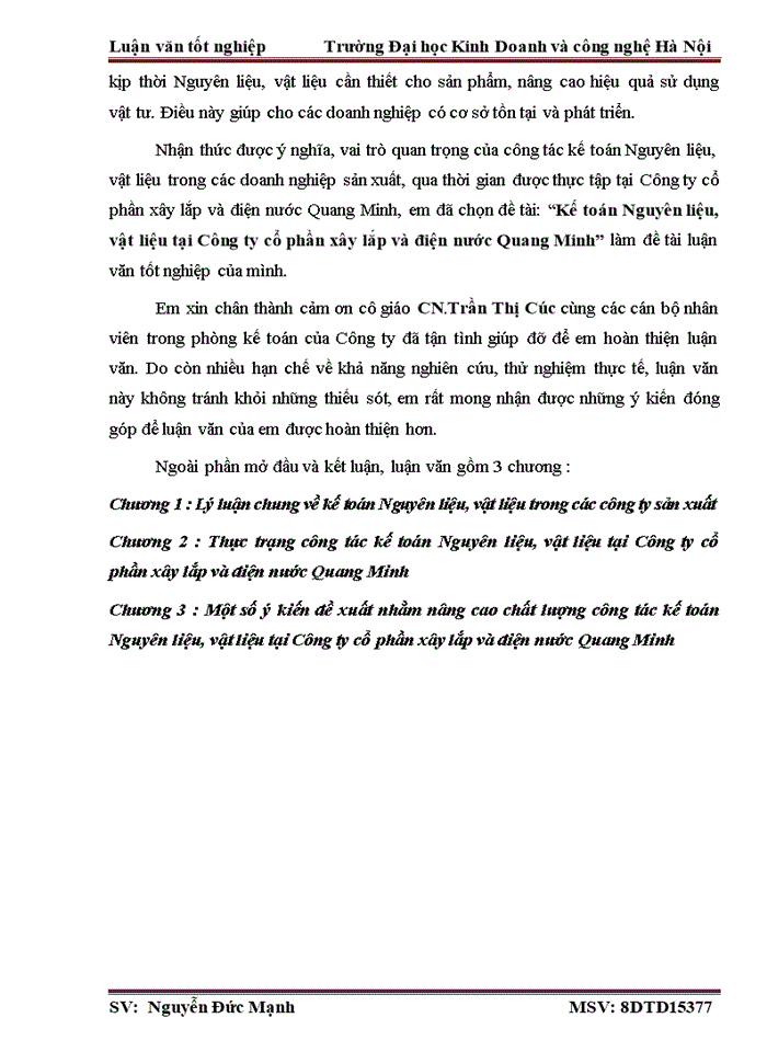 image for page Kế toán Nguyên liệu vật liệu tại Công ty cổ phần xây lắp và điện nước Quang Minh