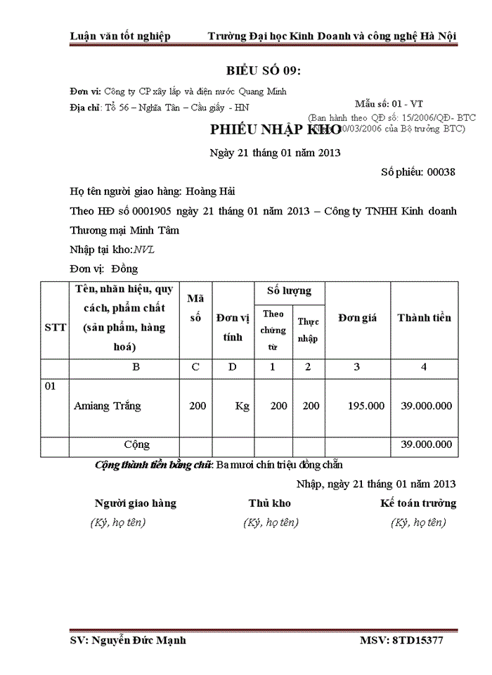 image for page Kế toán Nguyên liệu vật liệu tại Công ty cổ phần xây lắp và điện nước Quang Minh