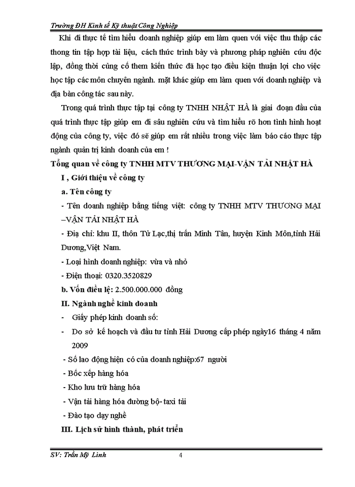 QUẢN TRỊ KINH DOANH CỦA CÔNG TY Trách nhiệm hữu hạn Một thành viên THƯƠNG MẠI - VẬN TẢI NHẬT HÀ