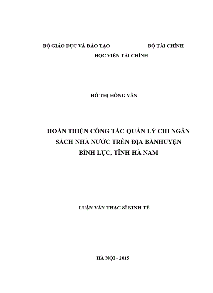 ThS Hoàn thiện công tác quản lý chi ngân sách nhà nước trên địa bàn huyện Bình Lục tỉnh Hà Nam