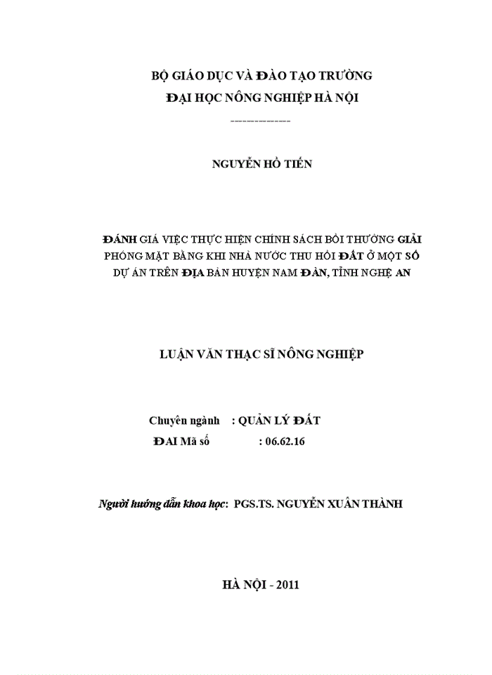 image for page ThS Đánh giá việc thực hiện chính sách bồi thường giải phóng mặt bằng khi Nhà nước thu hồi đất ở một số dự án trên địa bàn huyện Nam Đàn tỉnh Nghệ An