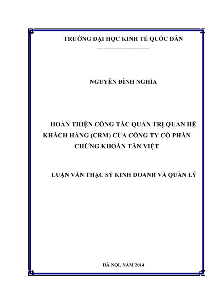 ThS HOÀN THIỆN CÔNG TÁC QUẢN TRỊ QUAN HỆ KHÁCH HÀNG CRM CỦA CÔNG TY CỔ PHẦN CHỨNG KHOÁN TÂN VIỆT