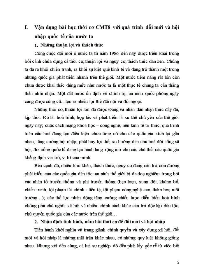 Đường lối đảng Vận dụng bài học thời cơ CMT8 với quá trình đổi mới và hội nhập quốc tế của nước ta