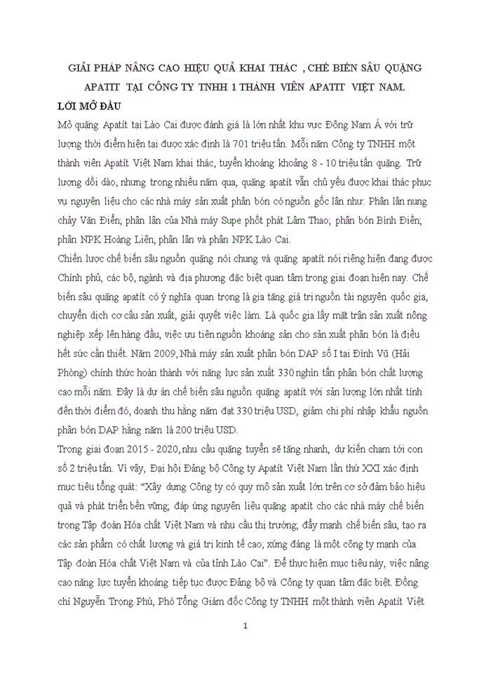 GIẢI PHÁP NÂNG CAO HIỆU QUẢ KHAI THÁC CHẾ BIẾN SÂU QUẶNG APATIT TẠI CÔNG TY Trách nhiệm hữu hạn 1 THÀNH VIÊN APATIT VIỆT NAM