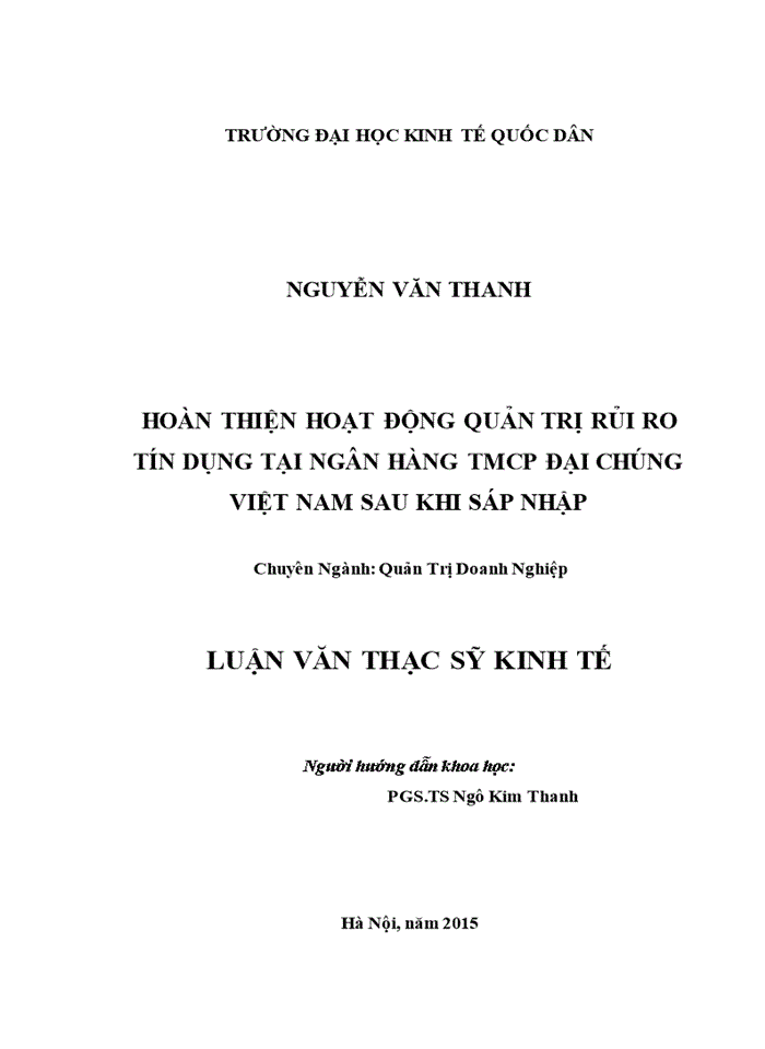 Ths Hoàn thiện hoạt động quản trị rủi ro tín dụng tại Ngân hàng TMCổ phần Đại Chúng Việt Nam sau khi sáp nhập