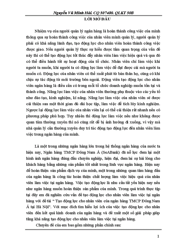 Tạo động lực cho nhân viên của ngân hàng Thương mại Cổ phần Đông Nam Á tại Hà Nội