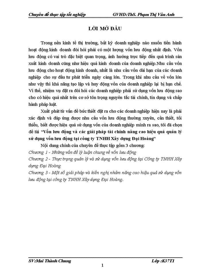 Vốn lưu động và các giải pháp tài chính nâng cao hiệu quả quản lý sử dụng vốn lưu động tại công ty Trách nhiệm hữu hạn Xây dựng Đại Hoàng