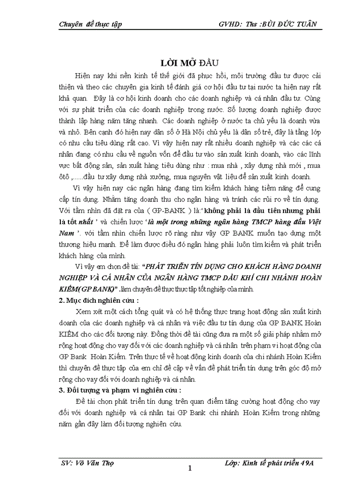 PHÁT TRIỄN TÍN DỤNG CHO KHÁCH HÀNG DOANH NGHIỆP VÀ CÁ NHÂN CỦA NGÂN HÀNG Thương mại Cổ phần DẦU KHÍ CHI NHÁNH HOÀN KIẾM GP BANK
