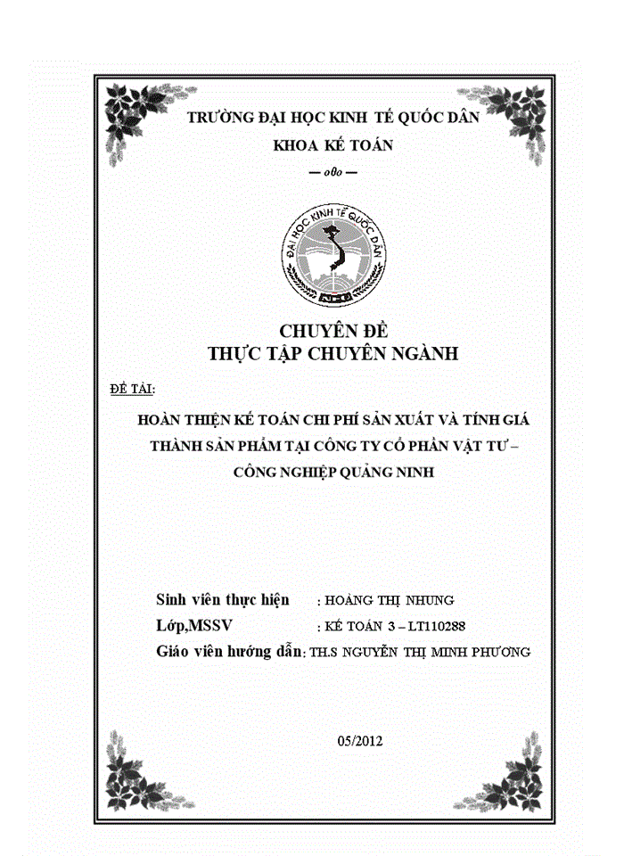 THỰC TRẠNG KẾ TOÁN CHI PHÍ SẢN XUẤT VÀ TÍNH GIÁ THÀNH SẢN PHẨM TẠI CÔNG TY CỔ PHẦN VẬT TƯ CÔNG NGHIỆP QUẢNG NINH
