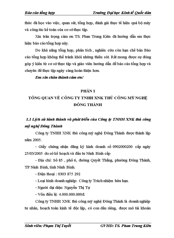 Báo cáo Công ty Trách nhiệm hữu hạn Xuất nhập khẩu thủ công mỹ nghệ Đông Thành được thành lập năm 2005