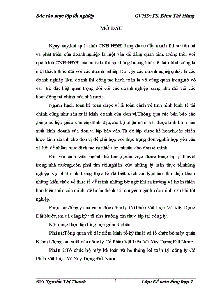 Báo cáo Công ty Cổ Phần Vật Liệu Và Xây Dựng Đất Nước