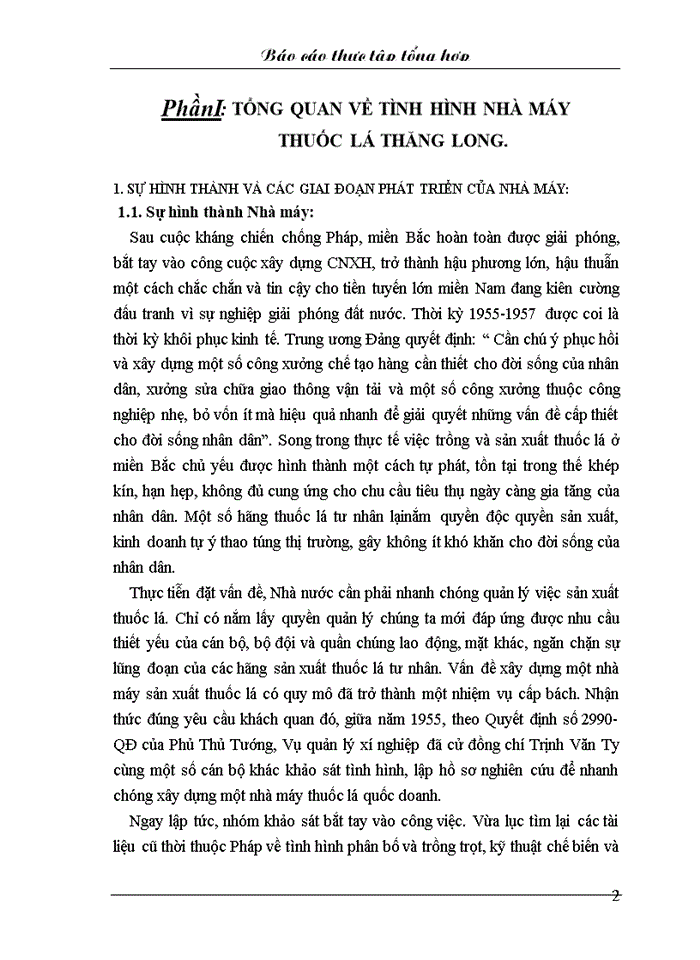 Báo CỎO TỔNG QUAN VỀ TÌNH HÌNH NHÀ MÁY THUỐC LÁ THĂNG LONG