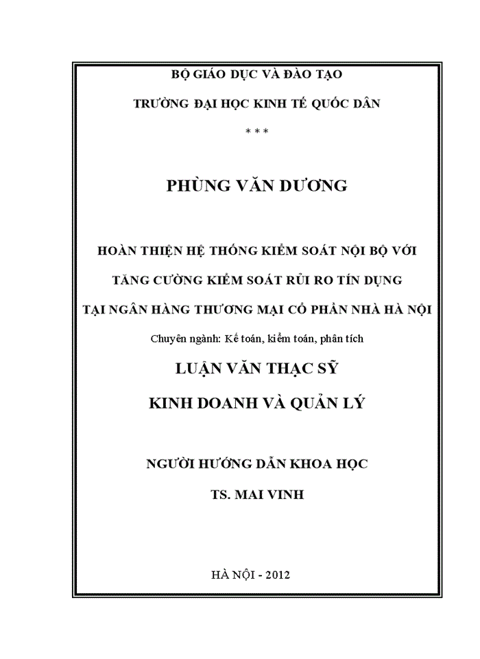 image for page Ths Hoàn thiện hệ thống kiểm soát nội bộ với tăng cường kiểm soát rủi ro tín dụng tại Ngân hàng Thương mại cổ phần Nhà Hà Nội