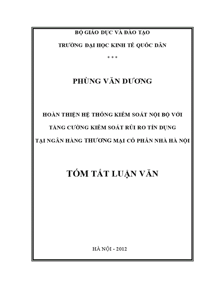 image for page Ths Hoàn thiện hệ thống kiểm soát nội bộ với tăng cường kiểm soát rủi ro tín dụng tại Ngân hàng Thương mại cổ phần Nhà Hà Nội