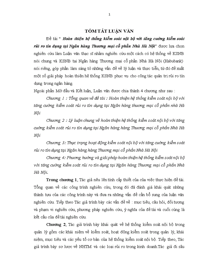 image for page Ths Hoàn thiện hệ thống kiểm soát nội bộ với tăng cường kiểm soát rủi ro tín dụng tại Ngân hàng Thương mại cổ phần Nhà Hà Nội