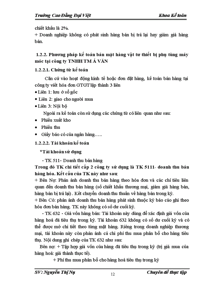 image for page Kế toán bán mặt hàng vật tư thiết bị phụ tùng máy móc tại công ty Trách nhiệm hữu hạn Thương mại Á VĂN