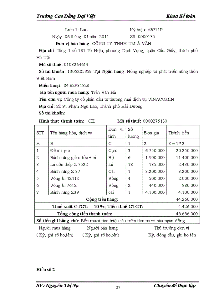 image for page Kế toán bán mặt hàng vật tư thiết bị phụ tùng máy móc tại công ty Trách nhiệm hữu hạn Thương mại Á VĂN