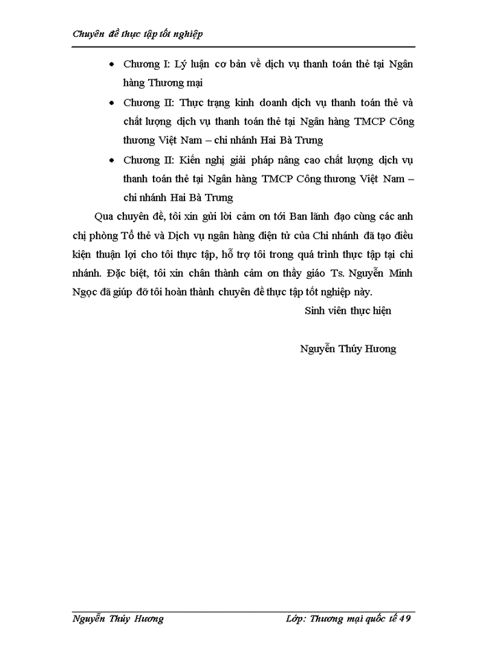Thực trạng và giải pháp nâng cao chất lượng dịch vụ thanh toán thẻ tại Ngân hàng Thương mại cổ phần Công thương Việt Nam - chi nhánh Hai Bà Trưng