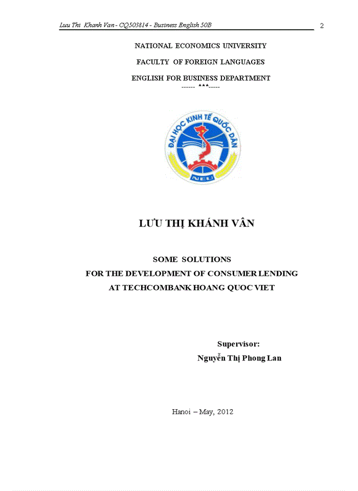 image for page SOME SOLUTIONS FOR THE DEVELOPMENT OF CONSUMER LENDING AT TECHCOMBANK HOANG QUOC VIET TIẾNG ANH