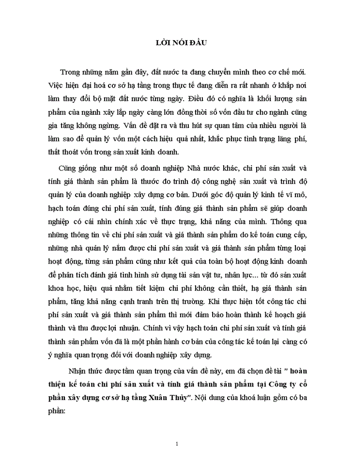 image for page Hoàn thiện kế toán chi phí sản xuất và tính giá thành sản phẩm tại Công ty cổ phần xây dựng cơ sở hạ tầng Xuân Thủy