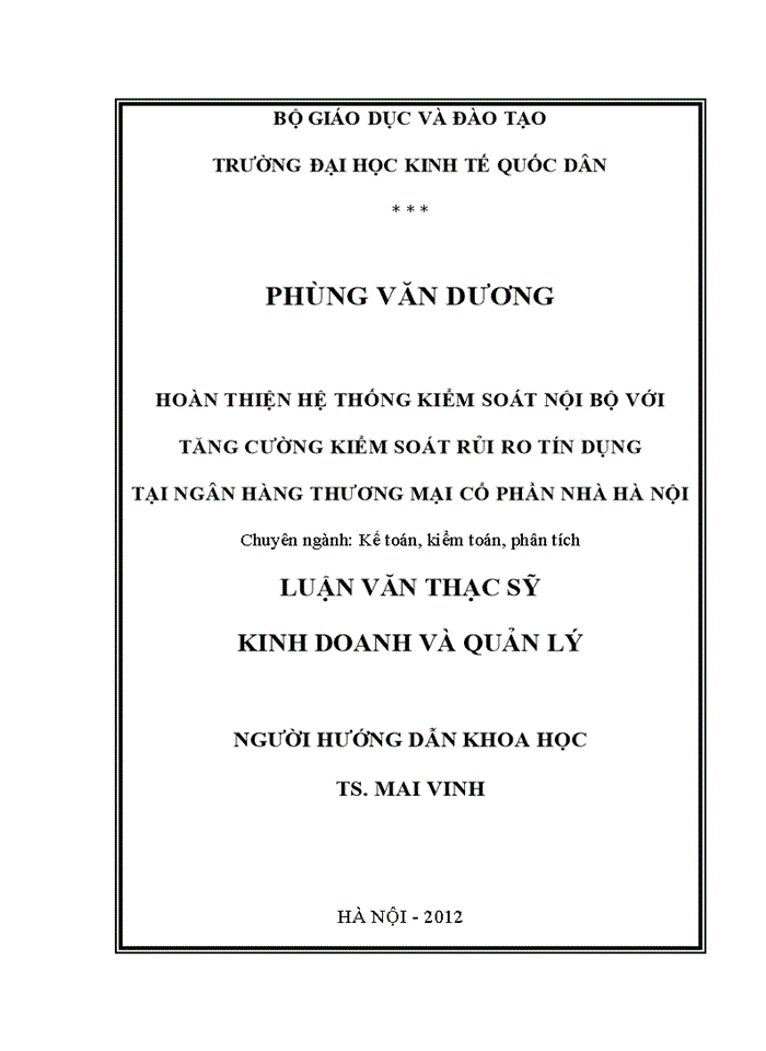 ThS Hoàn thiện hệ thống kiểm soát nội bộ với tăng cường kiểm soát rủi ro tín dụng tại Ngân hàng Thương mại cổ phần Nhà Hà Nội