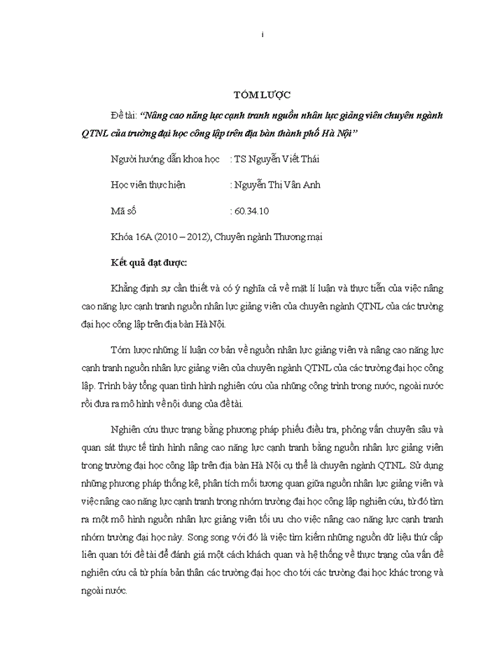 Ths Nâng cao năng lực cạnh tranh nguồn nhân lực giảng viên chuyên ngành QTNL của trường đại học công lập trên địa bàn thành phố Hà Nội