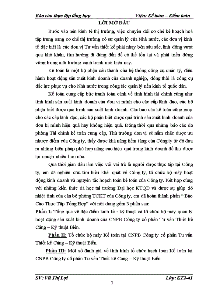 Báo cáo CHI NHÁNH PHÍA BẮC CÔNG TY CỔ PHẦN TƯ VẤN THIẾT KẾ CẢNG - KỸ THUẬT BIỂN